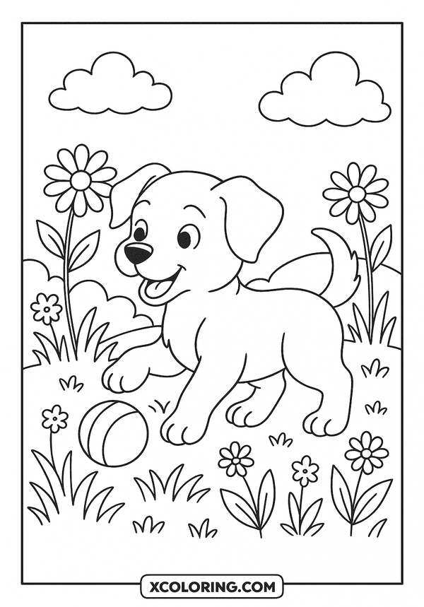 Puppy Playing In Garden coloring page