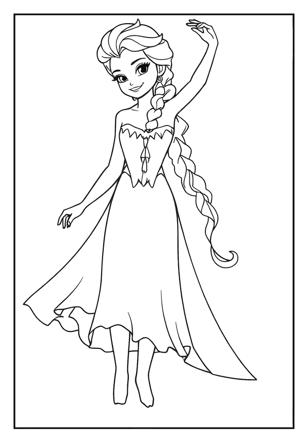 Queen Elsa Elegant Pose Creative Board A magical Elsa coloring page featuring Queen Elsa in a beautiful dress, ready to dance.