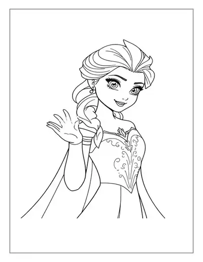 An Elegant Elsa Coloring Page Featuring A Friendly, Smiling Portrait Of The Snow Queen Waving Her Hand.