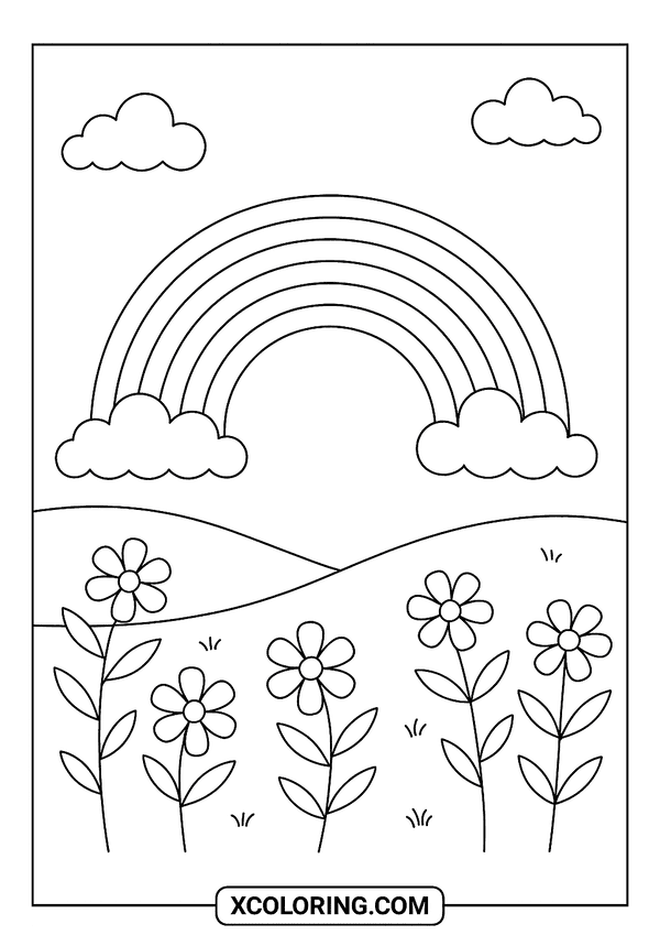 Rainbow Above Flower Field coloring sheet