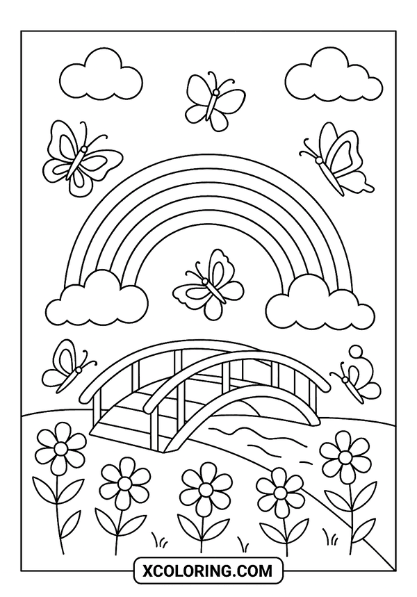 Rainbow Bridge and Butterflies coloring sheet