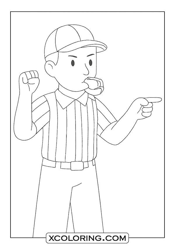 Football referee whistling and pointing, a fair play Football Coloring Page.