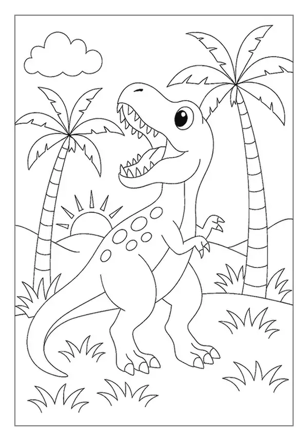 Mighty T-rex Roaring At Sunset With Palm Trees, A Captivating Dinosaur Coloring Page.