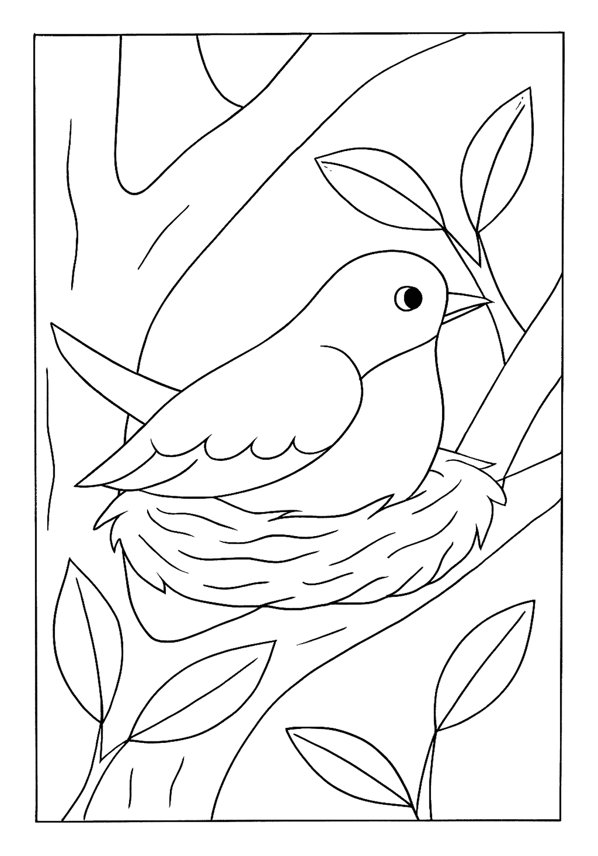 Robin Nesting In Tree Learning Resource A robin bird coloring page sitting snugly in its nest high up in a tree with leaves.