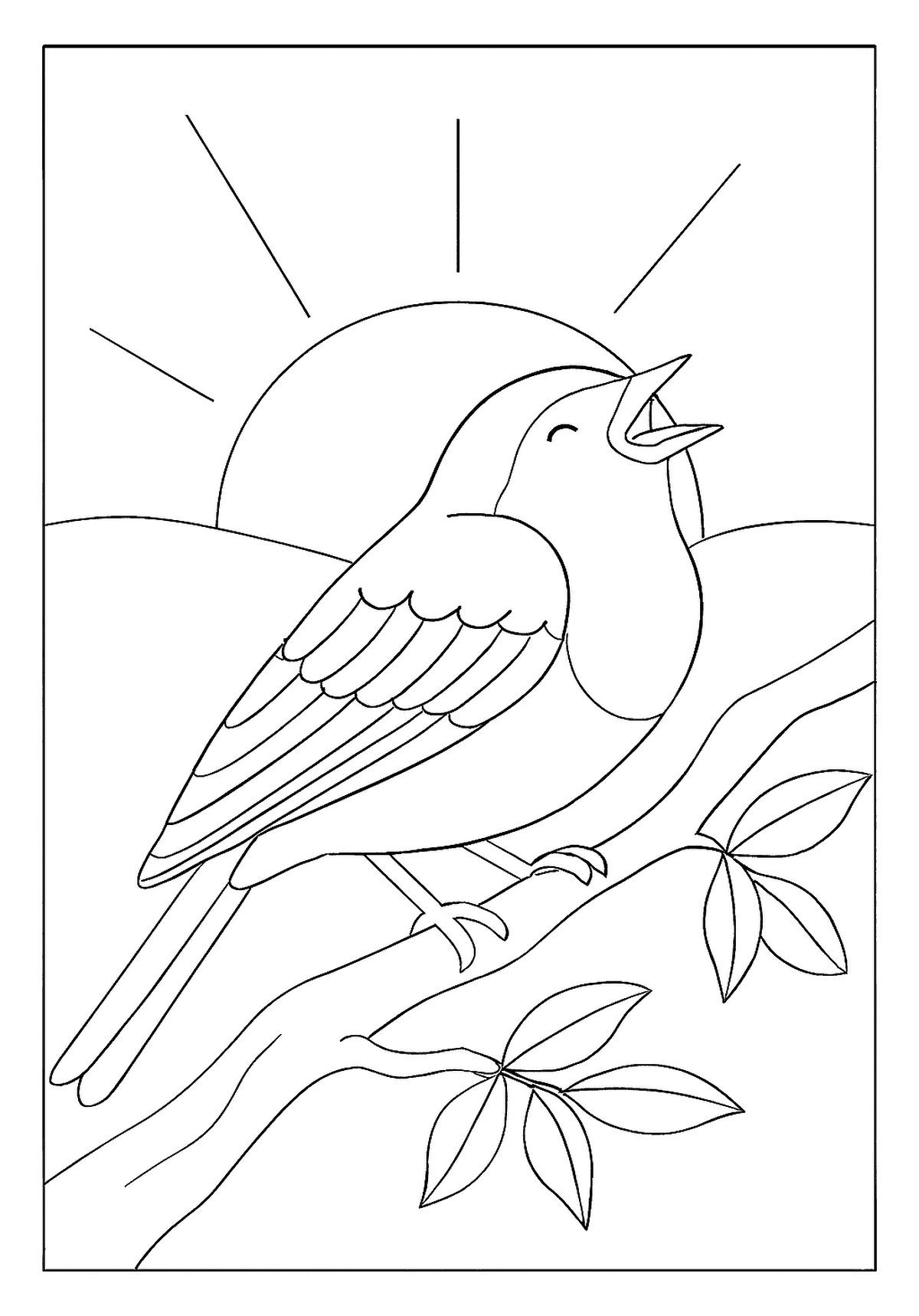 Robin Singing At Dawn Kindergarten Exercise A cheerful robin singing on a branch with the sun rising in the background, a bird coloring page.