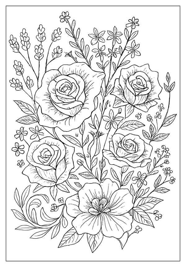 Roses And Wildflowers Design Free Printable A beautiful bouquet of roses and other wildflowers, a fun and easy adult coloring page for all ages.