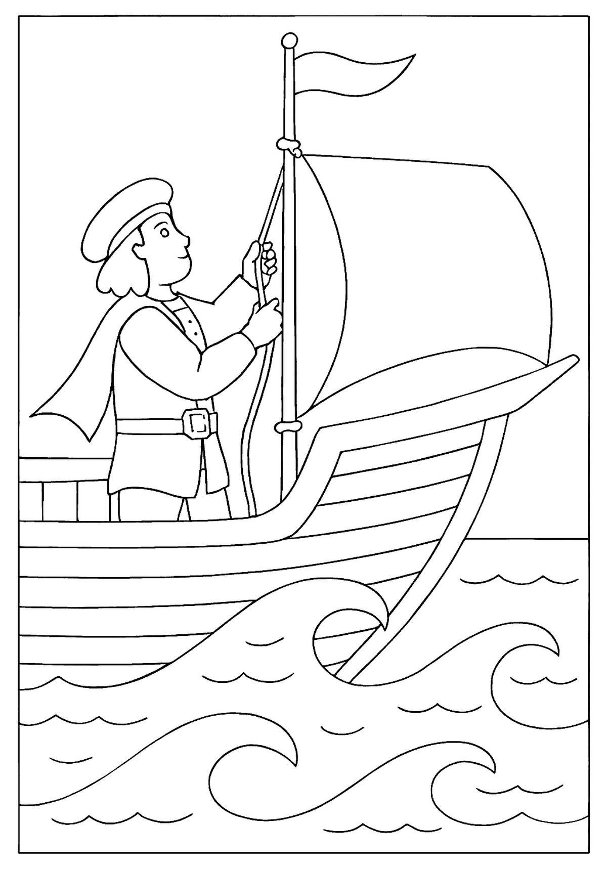 Sailor on a ship raising a flag up the mast while riding the ocean waves.