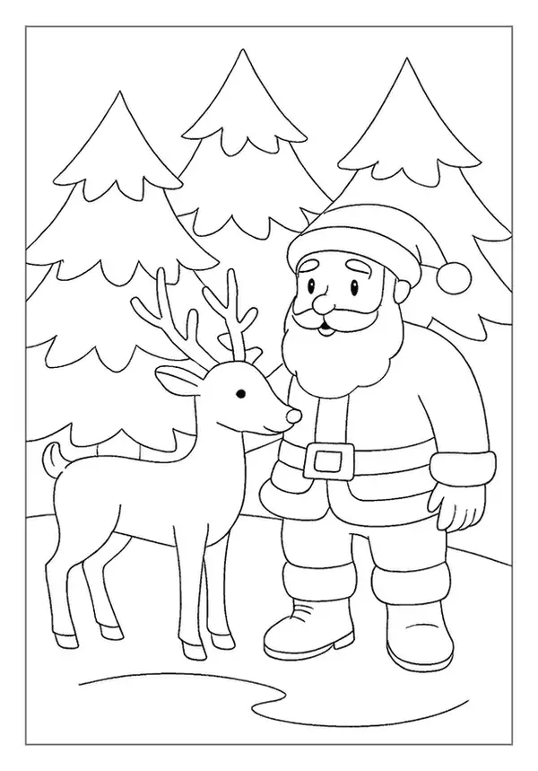 This Santa Claus coloring page shows St Nick standing with a reindeer in a snowy pine forest.