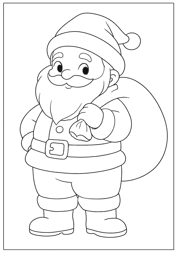 Happy Santa Claus standing and holding a tiny toy or bag while carrying a huge sack of presents.