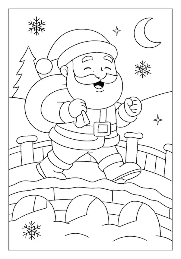 This is one of our cute Santa coloring sheets showing St Nick walking across a snowy bridge at night.