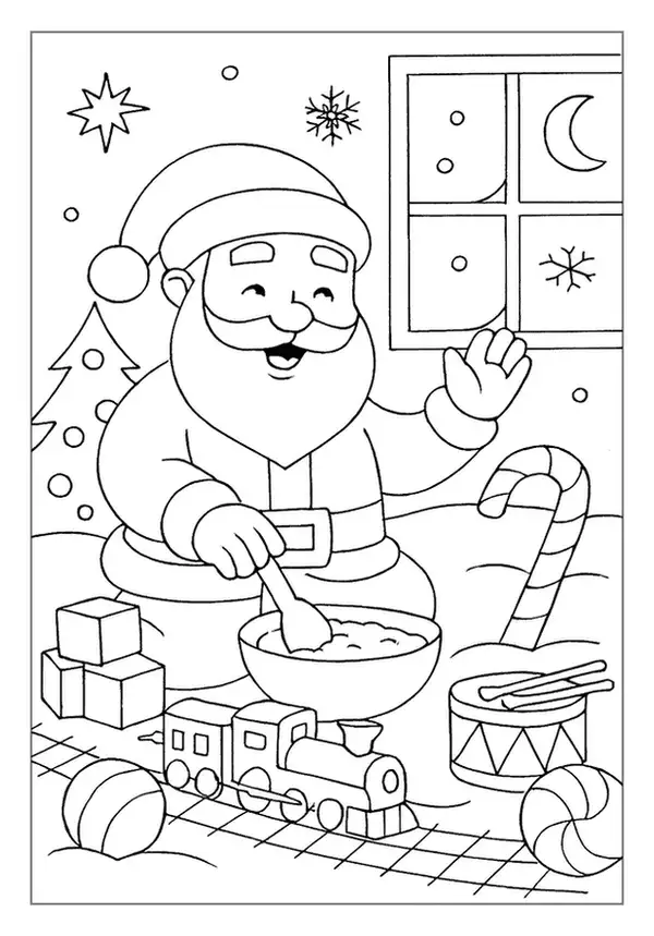 This Santa Claus coloring page features St Nick stirring a bowl near a toy train and window.