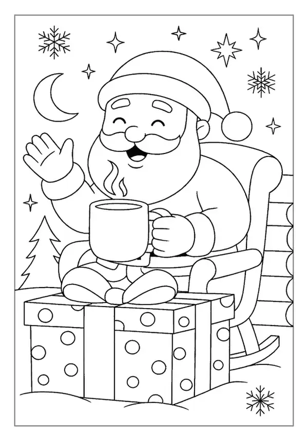 A cute Santa Claus coloring page showing Santa drinking hot cocoa and waving on a starry night.