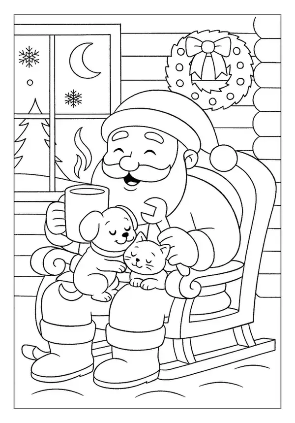 This Santa Claus coloring page depicts St Nick near a fireplace with stockings and a happy boy.