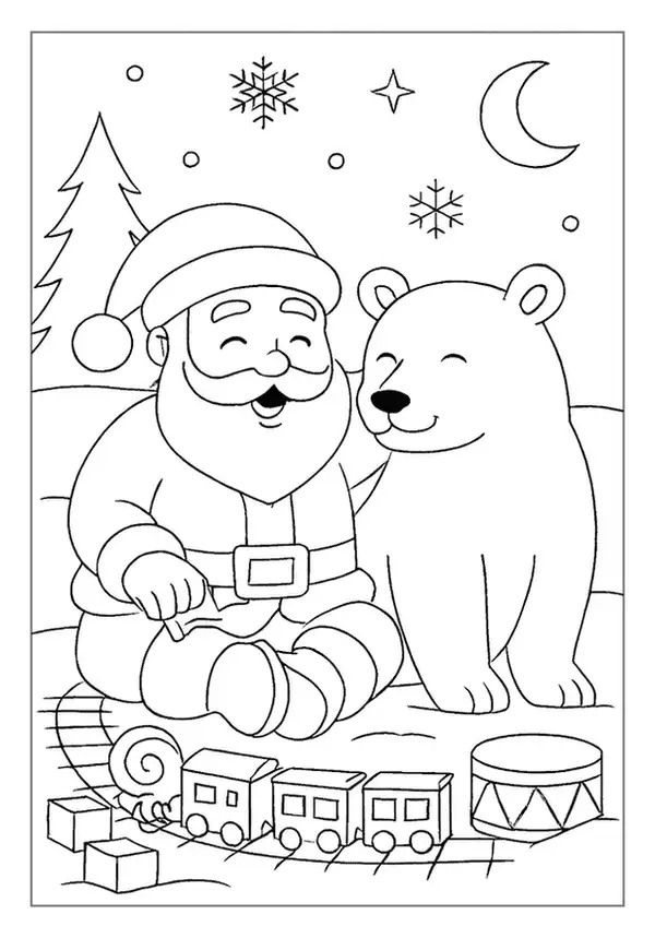 This Santa Claus coloring page shows St Nick sitting with a cute polar bear and a toy train set.