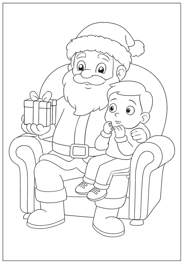 Santa Claus sitting in a chair, holding a gift, with a little boy on his knee.