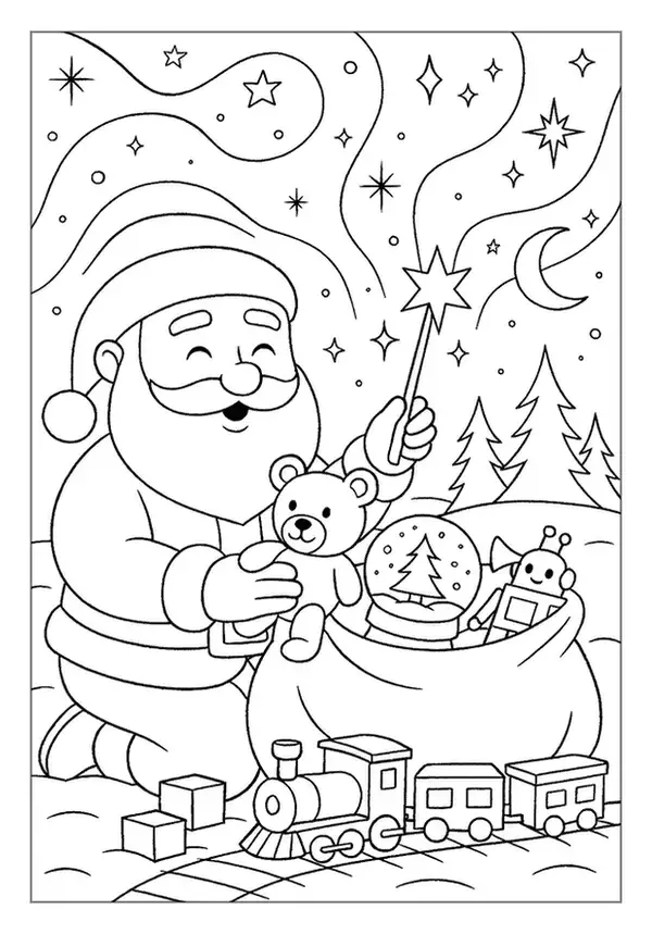 This Santa Claus coloring page features St Nick handing presents to a boy and girl near a tree.