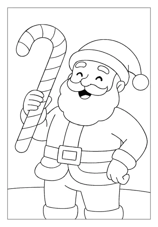 This Santa Claus coloring page features St Nick holding a giant striped candy cane and smiling