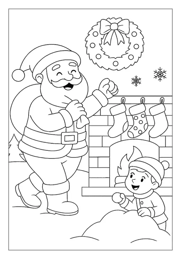 This Santa Claus coloring page features St Nick by a fireplace with stockings and a peeking child.