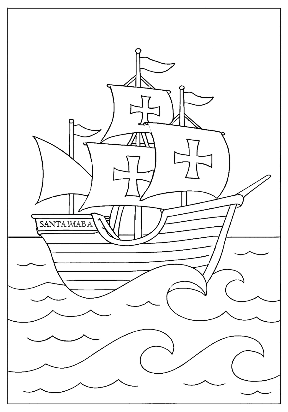 Santa Maria ship with crosses on the sails floating on big ocean waves, a Columbus Day Coloring Page.