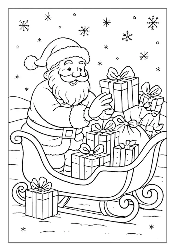This Santa Claus coloring page shows St Nick arranging wrapped presents in his sleigh for delivery.