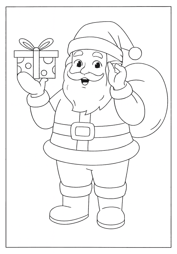 Jolly Santa Claus standing and holding a polka-dot gift box with a bow and his sack of toys.