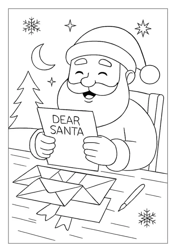 Happy Santa coloring page showing him reading a Dear Santa letter at a desk with envelopes.