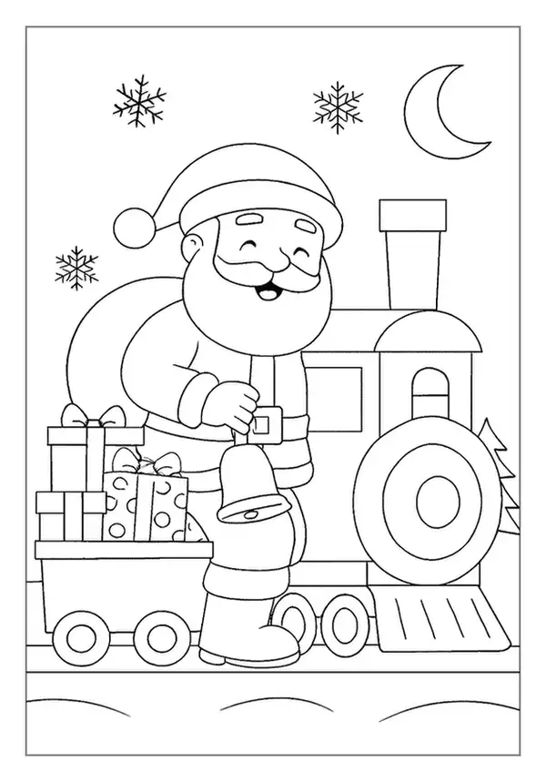 Santa coloring page showing a happy Santa reading a Dear Santa letter at his desk surrounded by mail.