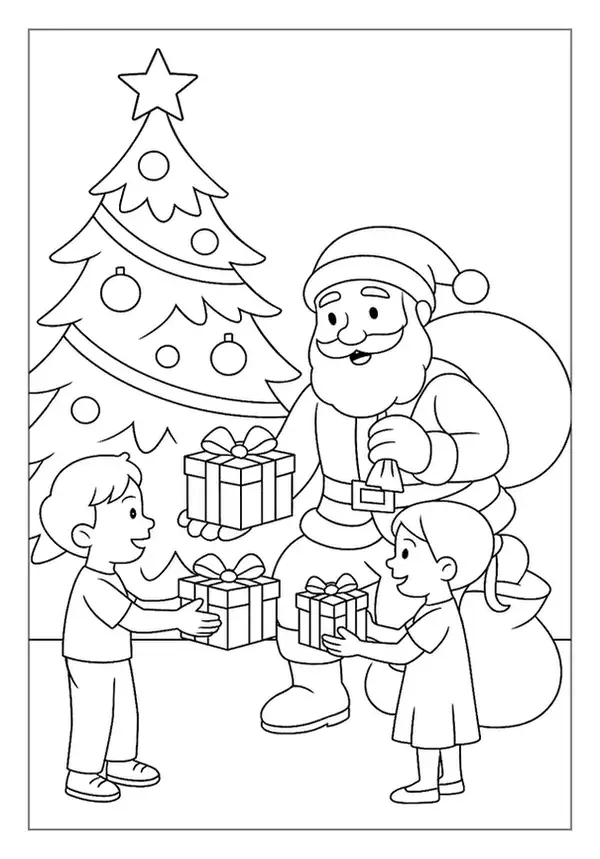 This Santa Claus coloring page shows St Nick handing wrapped presents to a boy and girl by a tree.