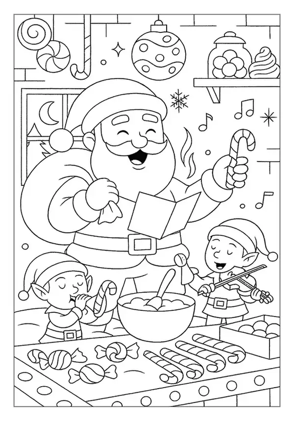 This Santa Claus coloring page shows St Nick singing carols with musical elves and holiday sweets.