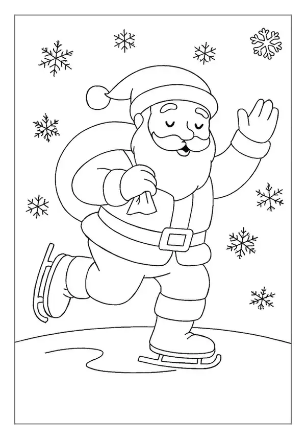 This Santa Claus coloring page features St Nick ice skating with a gift sack and falling snow.