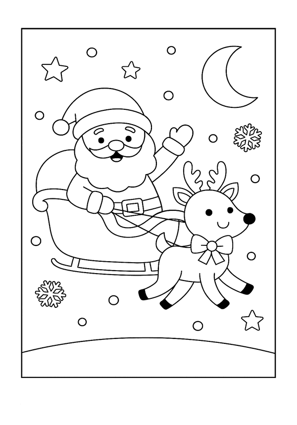  Santa's sleigh soars through the night sky, a Christmas coloring page.