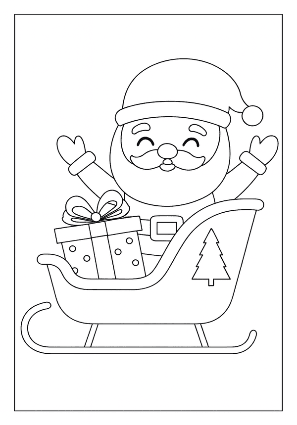 Jolly Santa waving with both hands while sitting in his sleigh with a large, wrapped present.