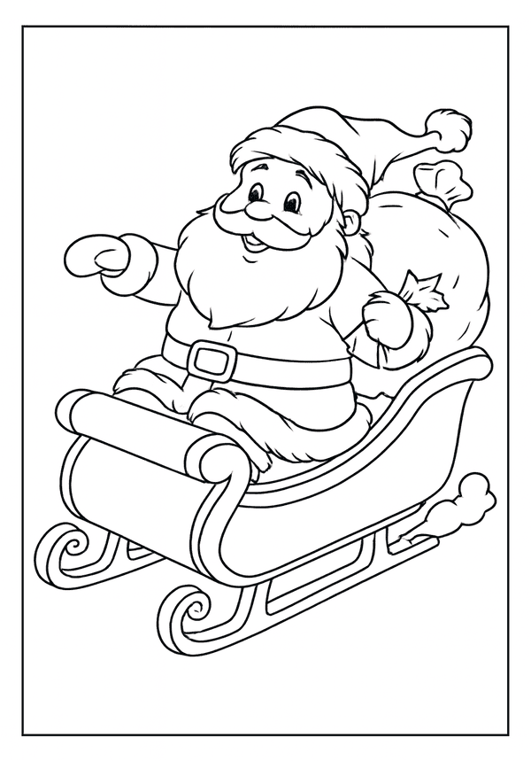 Happy Santa Claus waving and riding in his sleigh, with a large sack of gifts in tow, ready to fly.