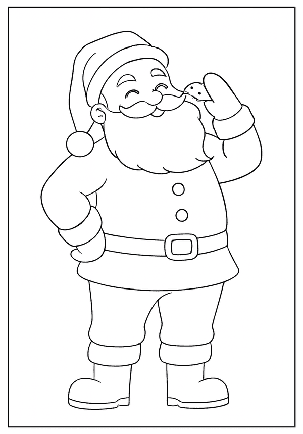 Jolly Santa Claus smiling with his eyes closed and holding a tiny cookie up to his mouth with a mitten.