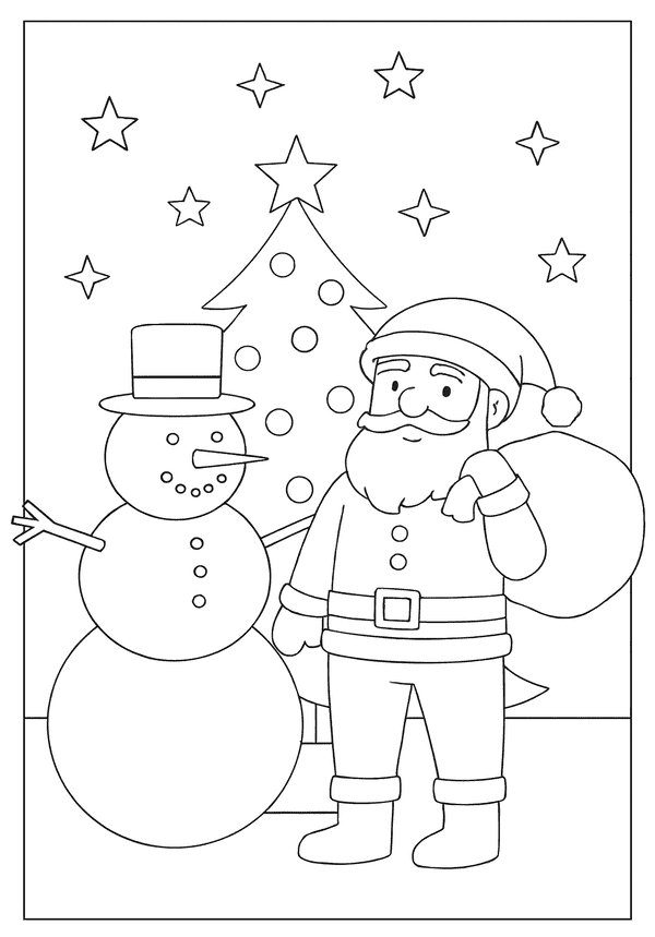Friendly Santa holding a sack of toys, standing next to a snowman with a top hat.