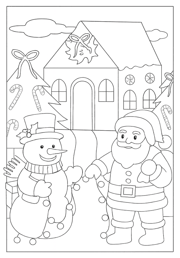 Santa and a snowman holding a string of lights outside a gingerbread house with candy canes.