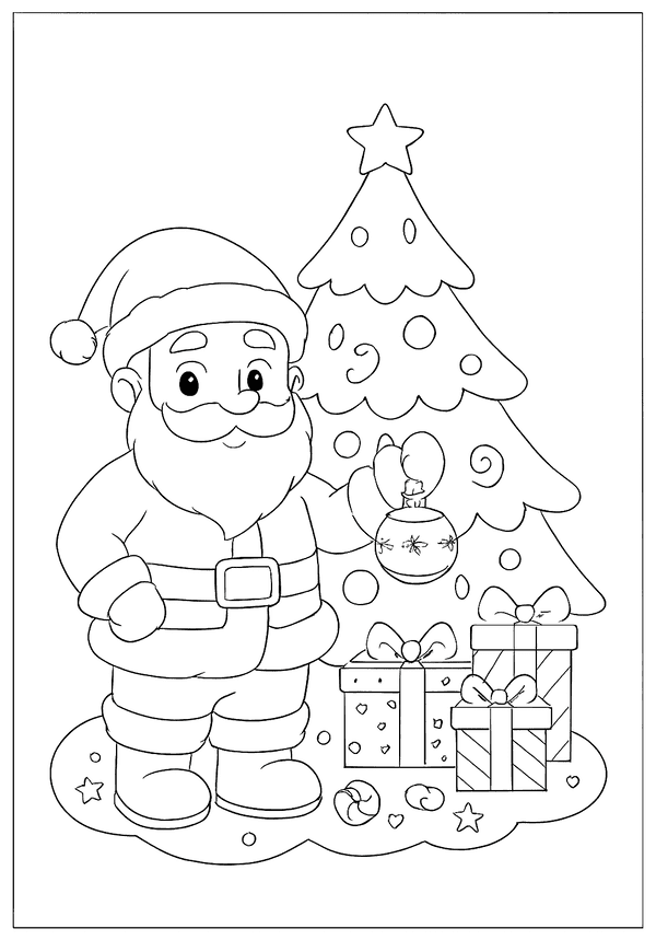 Jolly Santa Claus holding an ornament next to a decorated Christmas tree and a pile of wrapped gifts.