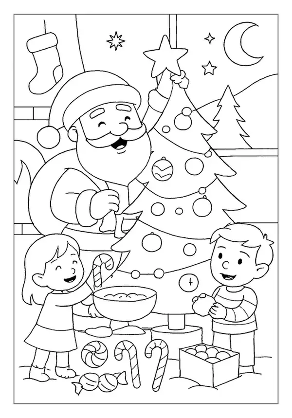 Santa coloring page depicting Father Christmas putting a star on the tree with a boy and girl.