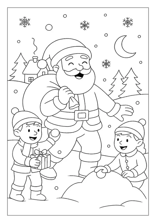 This Santa Claus coloring page features St Nick watching two kids playing with snowballs outside.