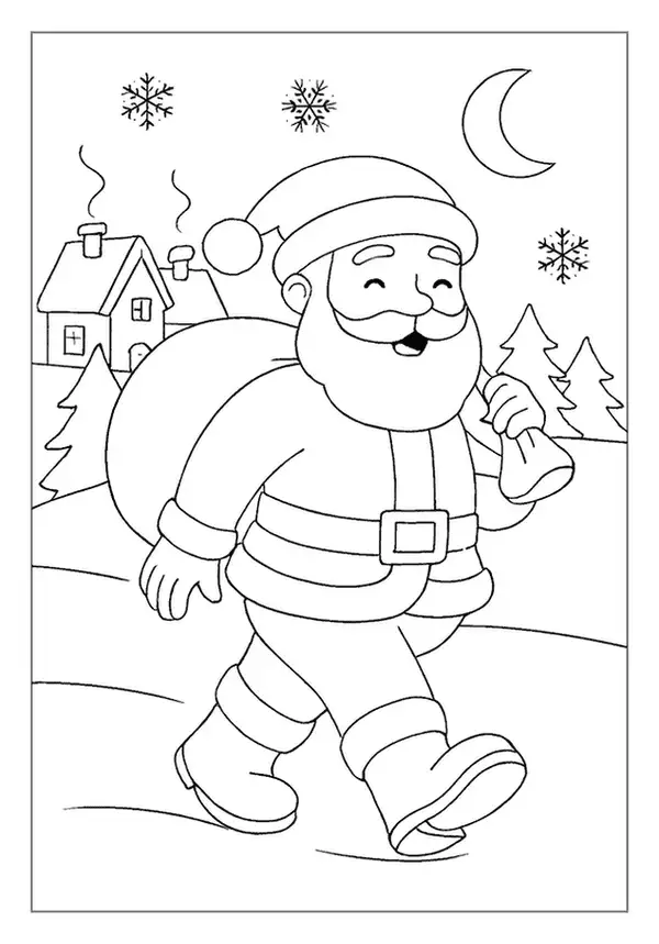 This Santa Claus coloring page shows St Nick walking with a heavy toy sack near houses at night.