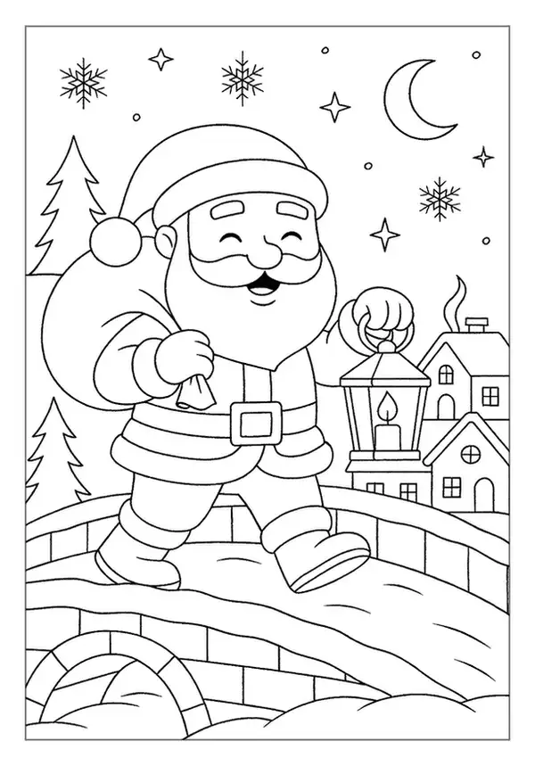 A happy Santa Claus coloring page showing St. Nick crossing a bridge with a lantern and toy sack.