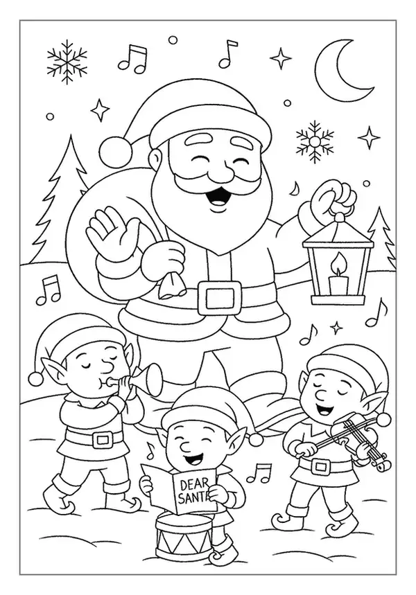 Santa coloring page of Santa holding a lantern while happy elves play music and sing carols in snow.
