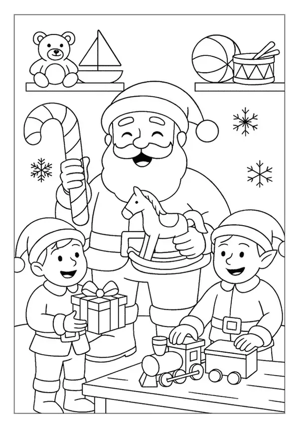 This Santa Claus coloring page shows St Nick with two elves, a toy train, and a rocking horse.