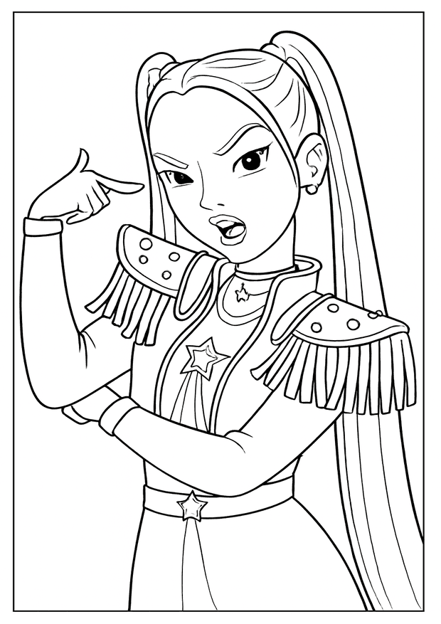 Confident girl pointing at herself in a Kpop Demon Hunter coloring page with shoulder pads.