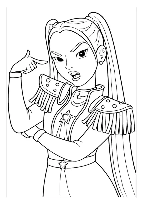 Confident girl pointing at herself in a Kpop Demon Hunter coloring page with shoulder pads.
