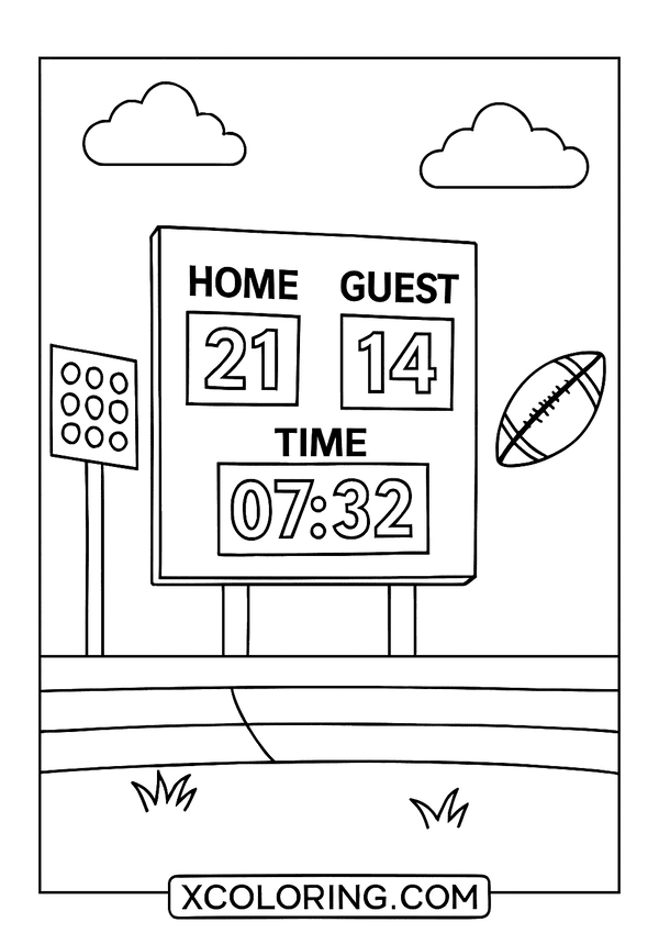 Football scoreboard showing game time and scores, a dynamic Football Coloring Page.