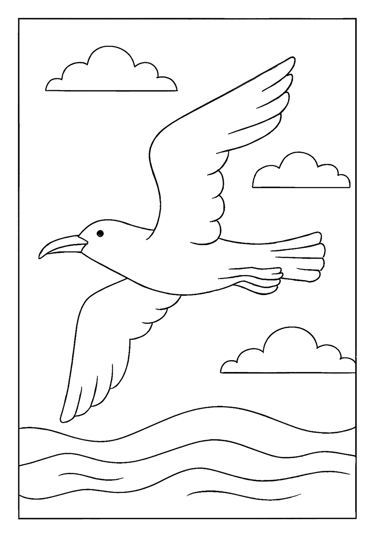 Seagull Flying Over Ocean Digital File A free-flying seagull bird coloring page gliding gracefully over the rolling ocean waves.