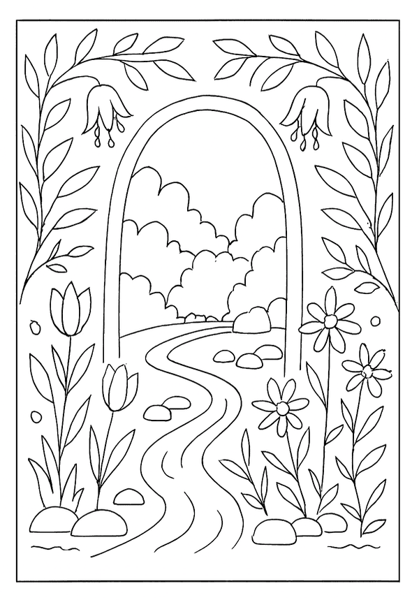 A magical garden archway opens to a path, surrounded by flowers; a wonderful adult coloring page.