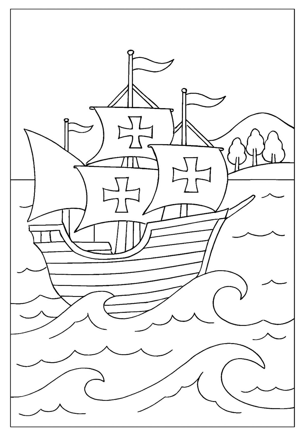 Large ship with crosses on the sails approaching the shoreline with trees, an arrival scene.