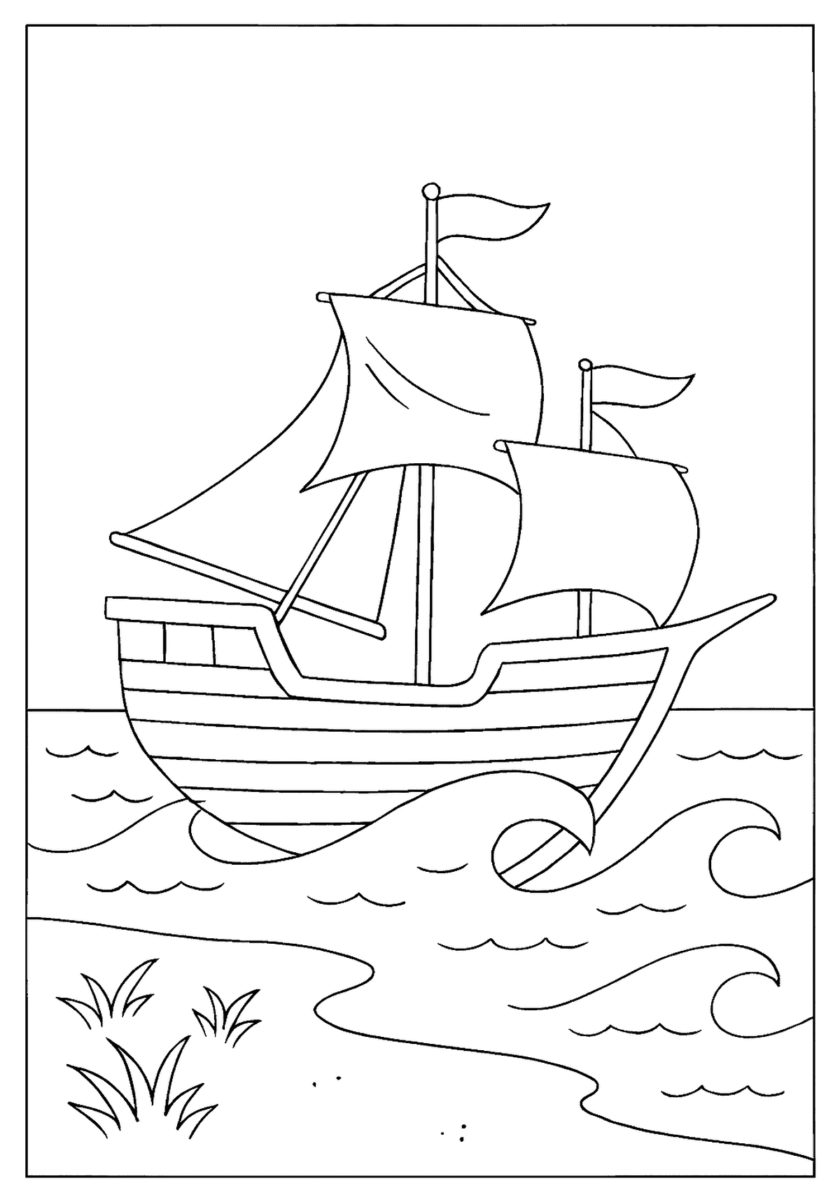 Sailboat with two masts and full sails floating near a grassy shore on gentle waves.